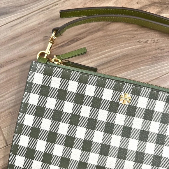 TORY BURCH | Blake Green White Gingham Crossbody Double Zip 3 Compartment Bag - Picture 2 of 12